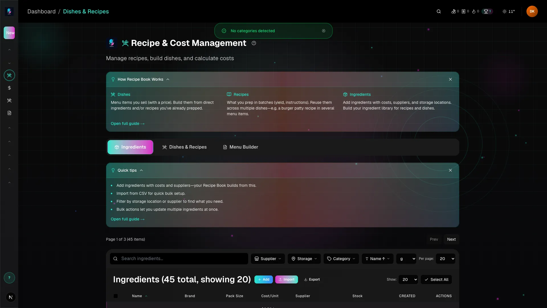 Ingredients & Inventory — PrepFlow product screenshot